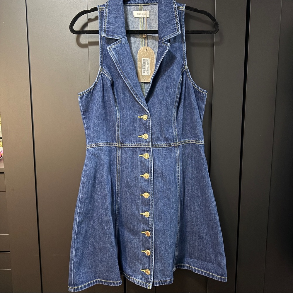NWT Meshki Eugenie Collared Denim Mini Dress - Dark Blue - Picture 2 of 7